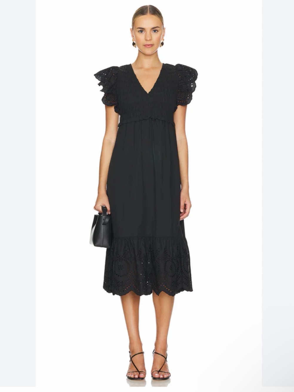 Rails Clementine Black Eyelet Embroidered Smocked Midi Dress Size M